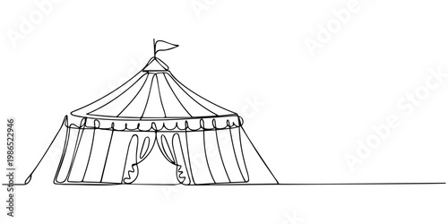 circus tent continuous one line drawing, Single continuous line drawing circus tent in the shape of a triangle with stripes and a flag at the top. Show place for clowns, magicians, animals. One line