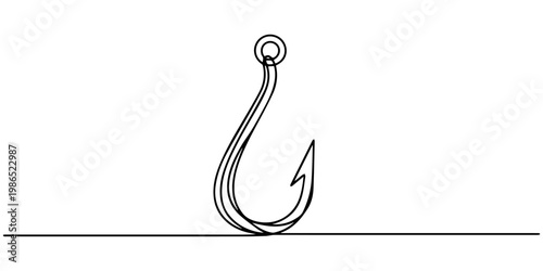 Minimalist one line art fishing hook illustration representing angling sport and ocean adventures, Fishing hook line continuous drawing vector. One line Hook vector background. fisherman's equipment