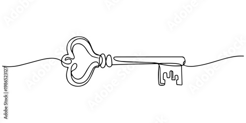 key continuous one line drawing, Continuous one line drawing of a house with a key, Set of keys against white background, Single line drawing symbol of house keys, Real estate line icon vector design