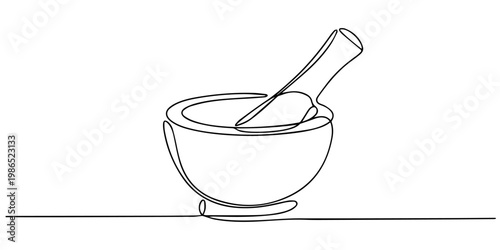 Mortar with pestle continuous one line drawing, Continuous one line drawing medical mortar. Mortar and pestle for preparing medicines. One continuous line isolated minimal illustration.