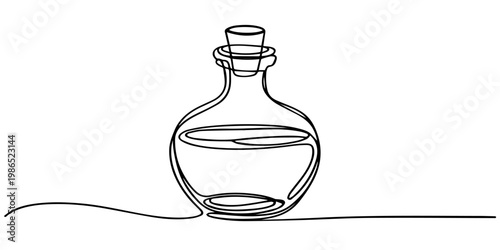 oil in the glass bottle continuous one line drawing, Continuous one-line drawing of olives with leaves and olive oil in a glass bottle, vector illustration. Olive oil in continuous line drawing style