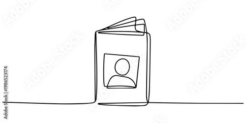Passport continuous one line drawing, Continuous Line Drawing of Passport Icon. Hand Drawn Symbol Vector Illustration, One Continuous Line Drawing of Passport Icon. Single Line Vector Illustration