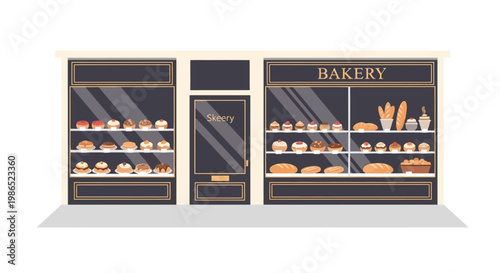 A flat vector illustration depicts a bakery facade with shelves displaying bread and pastries behind a large glass window, set against a clean white background with a minimalist