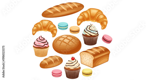 A vector illustration showcases a delectable assortment of baked goods—including croissants, macarons, cupcakes, baguette, and loaf—arranged in a circular composition with a clean, white