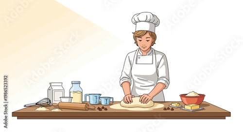 A focused young baker wearing a chef's hat kneading dough on a wooden table filled with baking ingredients, depicted in a flat vector illustration with a clean, bright background