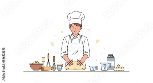A cheerful baker in a chef's hat is kneading dough on a counter filled with ingredients, captured in a bright, flat-lay style with a warm, inviting color palette and a clean white