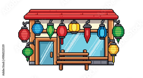 This is a charming pixel art illustration of a traditional oriental shop decorated with various colorful hanging lanterns and a wooden bench.