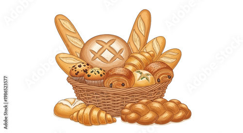 A woven basket overflowing with an assortment of freshly baked breads and pastries, including baguettes, rolls, and croissants, presented in a detailed, cartoon-like illustration