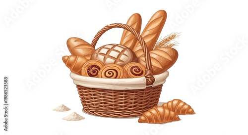 Digital illustration of a woven basket filled with an assortment of freshly baked bread including baguettes, croissants, and sweet rolls, displayed against a clean white backdrop