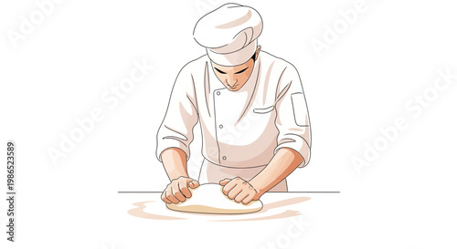 An illustration depicts a focused chef in a white uniform kneading dough on a flat surface, rendered with clean lines and a shallow depth of field, creating a simple, yet stylized