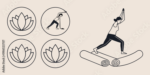 Black line yoga with lotus flowers and woman practicing yoga line woman practicing yoga