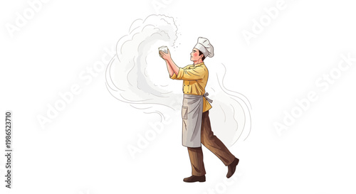 A chef in uniform holds a steaming bowl aloft, creating a cloud of vapor in a full shot against a clean white background, conveying a sense of culinary expertise and the creation