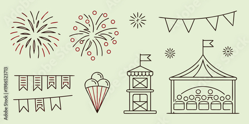 Carnival celebration on green background line fireworks bunting tent
