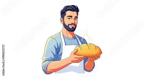 A handsome, bearded baker in a white apron proudly presents a freshly baked loaf of bread, depicted in a crisp, clean vector illustration style with a warm, inviting color palette