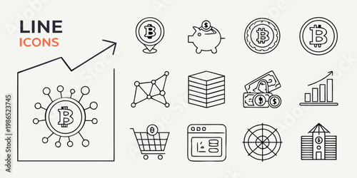 Cryptocurrency and finance line bitcoin piggy bank coins