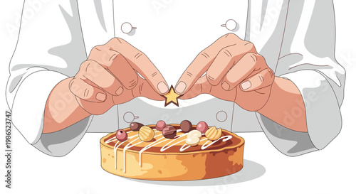 Close-up illustration of a pastry chef carefully positioning a star-shaped decoration on top of a tart filled with berries and cream against a clean white background in a detailed, bright