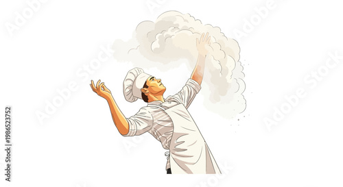 A stylized illustration of a male chef tossing flour into the air with open arms, set against a clean white background and depicted in a bright, cartoonish style, giving off a playful mood