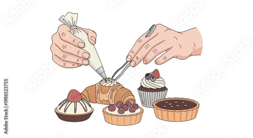 Illustrated hands meticulously decorate pastries with icing from a piping bag, using tweezers for precision, set against a clean white background in a flat lay style, creating a delicate