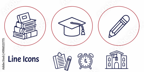 Educational line on white background school books graduation cap pencil