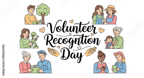 A heartwarming vector illustration celebrates Volunteer Recognition Day with diverse individuals engaging in acts of kindness, depicted with soft pastel colors against a clean white
