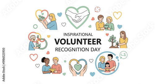 Vector illustration showcases Volunteer Recognition Day with diverse people supporting each other, engaging in community service, and displaying humanitarian aid, all set against a clean