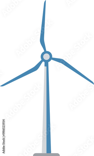 Minimalist blue and gray wind turbine illustration against black background; renewable energy concept for clean power generation