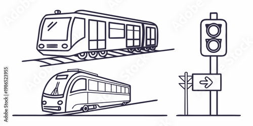 Two trains and traffic light with directional sign on white background transportation