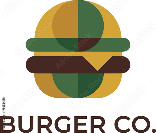 Minimalist burger illustration with overlapping geometric shapes in mustard yellow and deep green isolated on white for modern branding and fast food concept