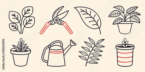 Gardening line for plants and gardening tools line plants watering can pruners