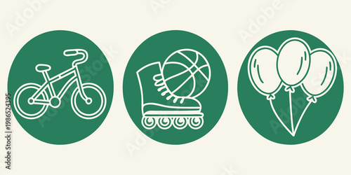 Recreational including bicycle and balloons roller skates white lines