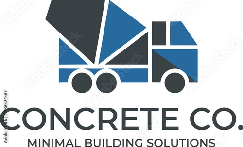 Minimalist concrete mixer truck logo design; building solutions construction company branding bold geometric shapes blue and gray icon on black