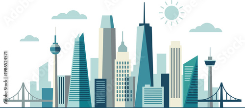 Minimalist cityscape vector illustration with modern buildings skyscrapers bridges sun and clouds in geometric flat design against a black background
