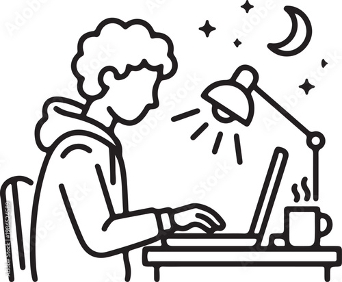 Person with curly hair working on laptop late at night under desk lamp.