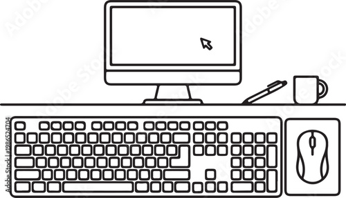 Desktop computer setup with full keyboard mouse coffee mug and ink pen.