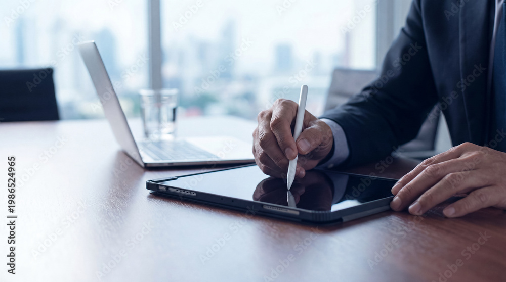 Fototapeta premium Professional businessman using a stylus pen on a digital tablet for work in a modern corporate office.