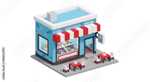 An isometric 3D vector illustration of a charming light blue ice cream parlor featuring outdoor seating and a classic red and white striped awning.