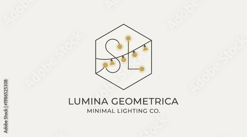 Minimalist geometric logo design with string lights inside hexagon frame for modern lighting company branding and decoration