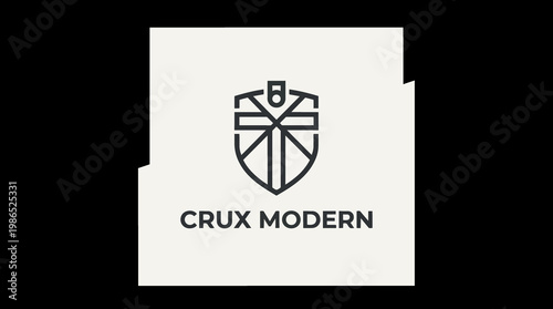 Minimalist geometric logo design featuring shield and cross in dark gray on cream backdrop for modern brand identity and graphic resources