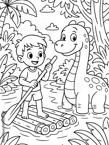 Adventurous Friends in Fantasy Land: A charming illustration depicts a young boy and a friendly dinosaur enjoying a riverside adventure, capturing the spirit of imagination and camaraderie.