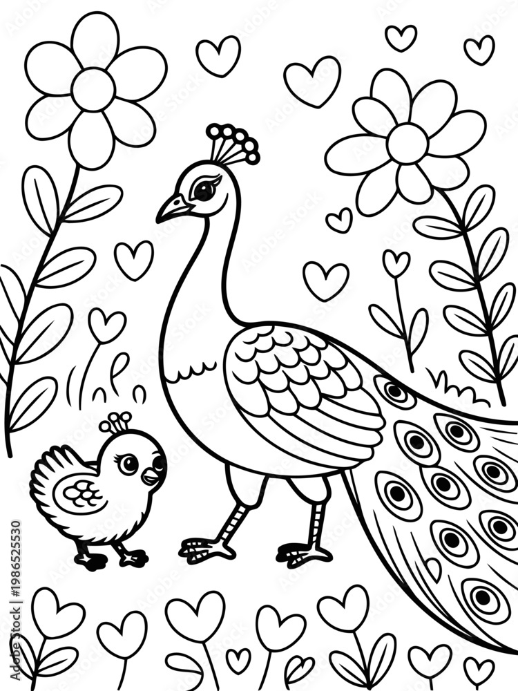 Fototapeta premium Peacock family outline: A charming, outlined illustration portrays a peacock with its chick, embraced by whimsical floral and heart-shaped elements, evoking a sense of joy and natural beauty.