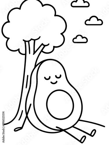 Avocado's Serene Repose: An animated avocado finds tranquility under the shade of a tree, enveloped by fluffy clouds, exuding a sense of peace and contentment.