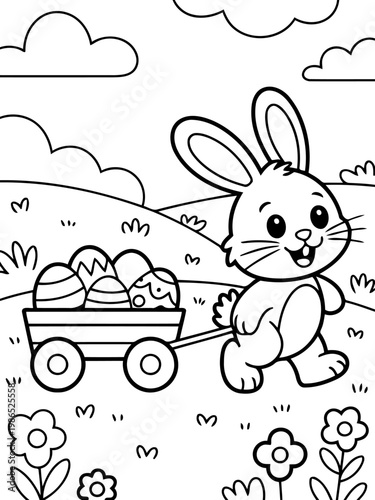 Cheerful Easter Bunny: A delightful illustration of an adorable bunny merrily pulling a cart filled with colorful Easter eggs, celebrating the joy of spring. 