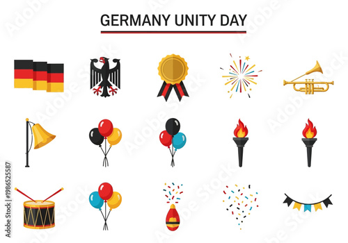 Germany Unity Day vector icon set, German flag, eagle, celebration symbols, party decorations and music elements