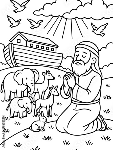 Noah's Ark Illustration: An illustration depicts Noah's ark, accompanied by various animals, as Noah kneels in prayer, symbolizing faith and divine protection.