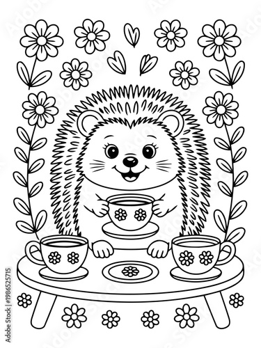 Hedgehog Tea Party: A charming illustrated hedgehog, encircled by floral accents, enjoys a whimsical tea party. A scene of delightful tranquility, rendered in a simple line art style.