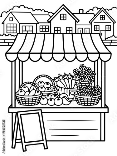 Market Stall Scene: A charming street scene unfolds as a vibrant market stall displays its fresh produce, enticing passersby with nature's bounty against a backdrop of quaint houses and a clear sky.