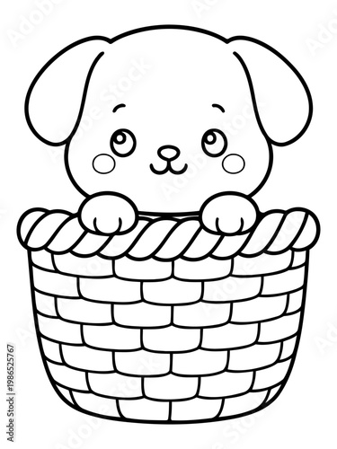 Cute Puppy in Wicker Basket: Adorable puppy joyfully peers out from a charming wicker basket, exuding warmth and affection in a delightful illustration.