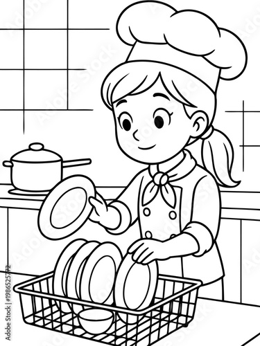 Chef's Dish Duty: An illustration captures a dedicated chef diligently washing dishes, a classic scene in any kitchen, showcasing dedication and service.