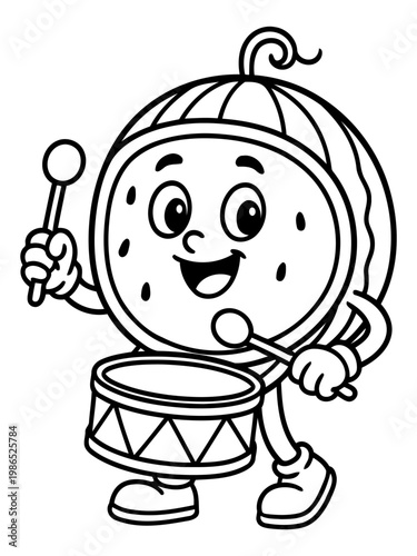 Melody of the Watermelon Drummer: An enchanting, line-art illustration of a jovial watermelon character, merrily beating a drum, radiating musical joy.