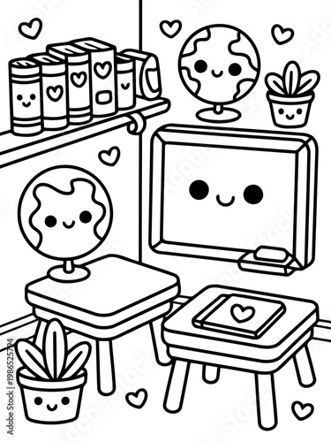 Whimsical Classroom Illustration: A delightful illustration of a charming classroom, with smiling globes, books and plants.